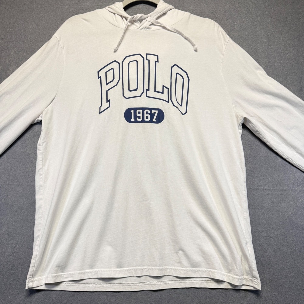 Polo Ralph Lauren Mens White Long Sleeve Hooded T-Shirt Polo 1967‎ Graphic Large